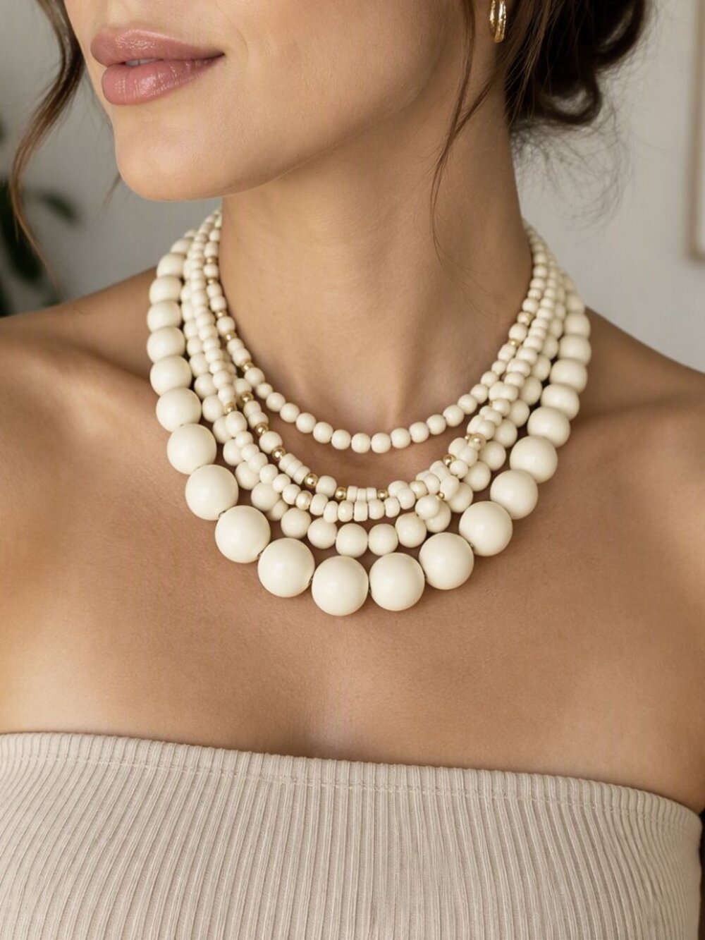 Vintage Y2K Matte Beige Ivory Wood & Gold Tone Bead Multi Strand Choker Necklace